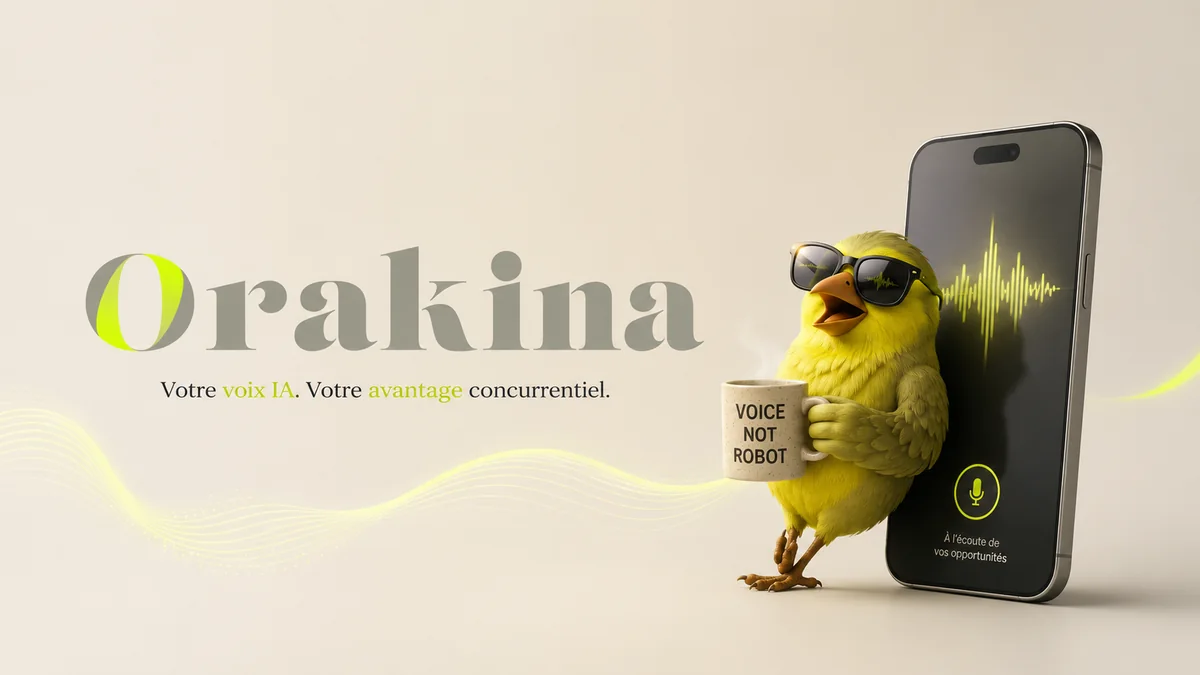 Mascotte Orakina avec une tasse devant un smartphone affichant une onde vocale.