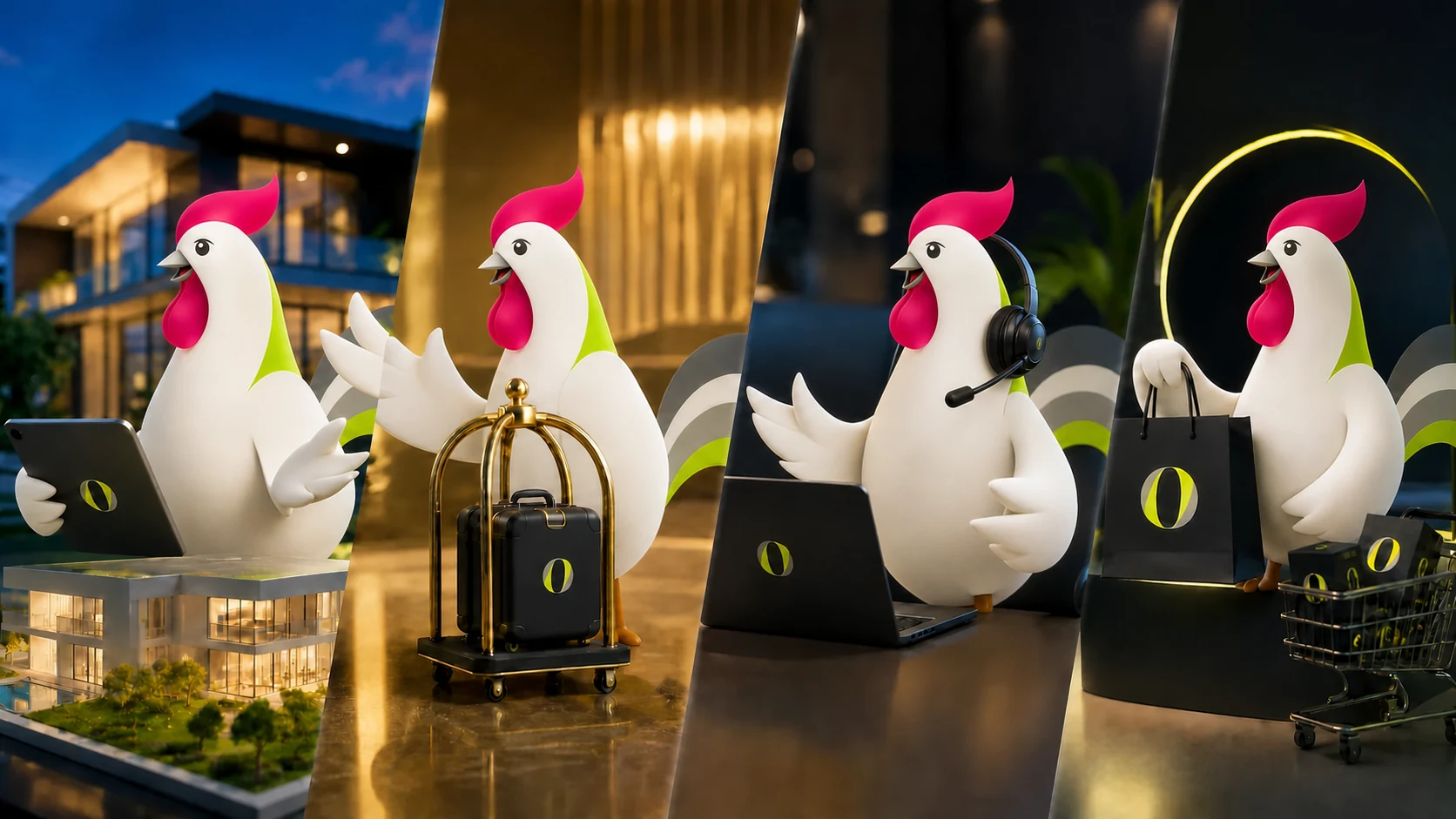 La mascotte coq Orakina déclinée pour l'immobilier, l'hôtellerie, le marketing et l'automobile.