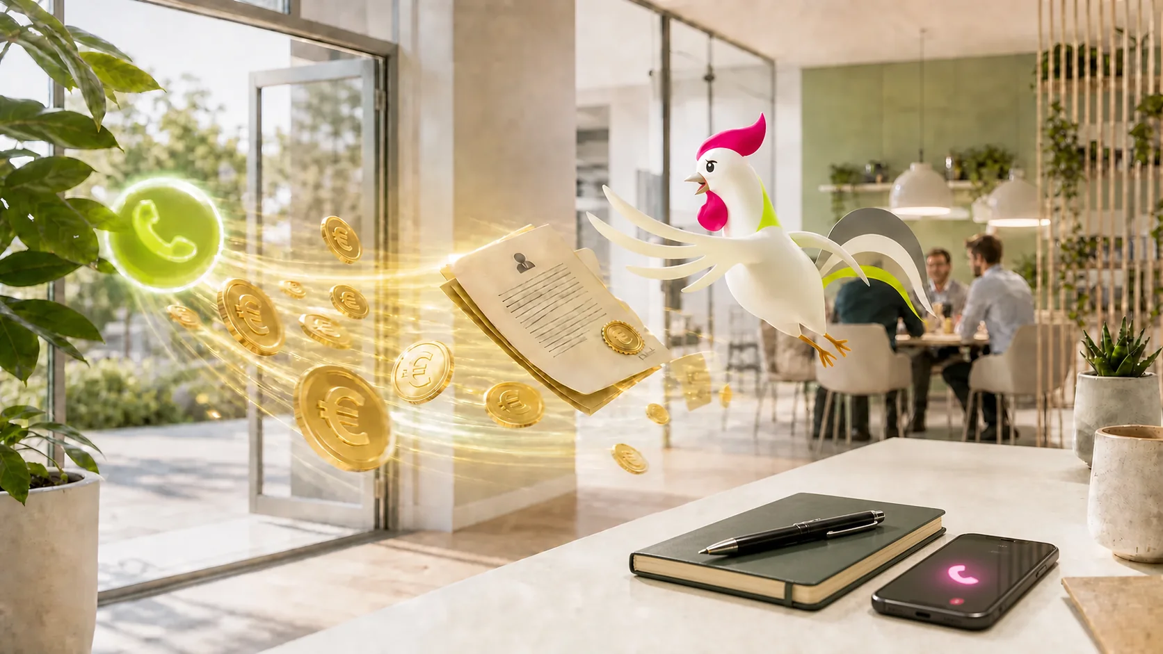 La mascotte coq Orakina illustre le chiffre d'affaires perdu à cause d'un appel professionnel manqué.