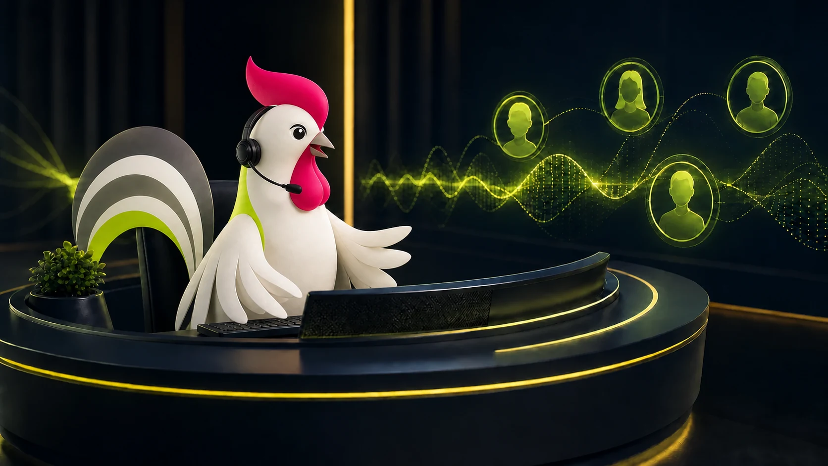 La mascotte coq Orakina gère une conversation client naturelle depuis son poste d'agent vocal IA.
