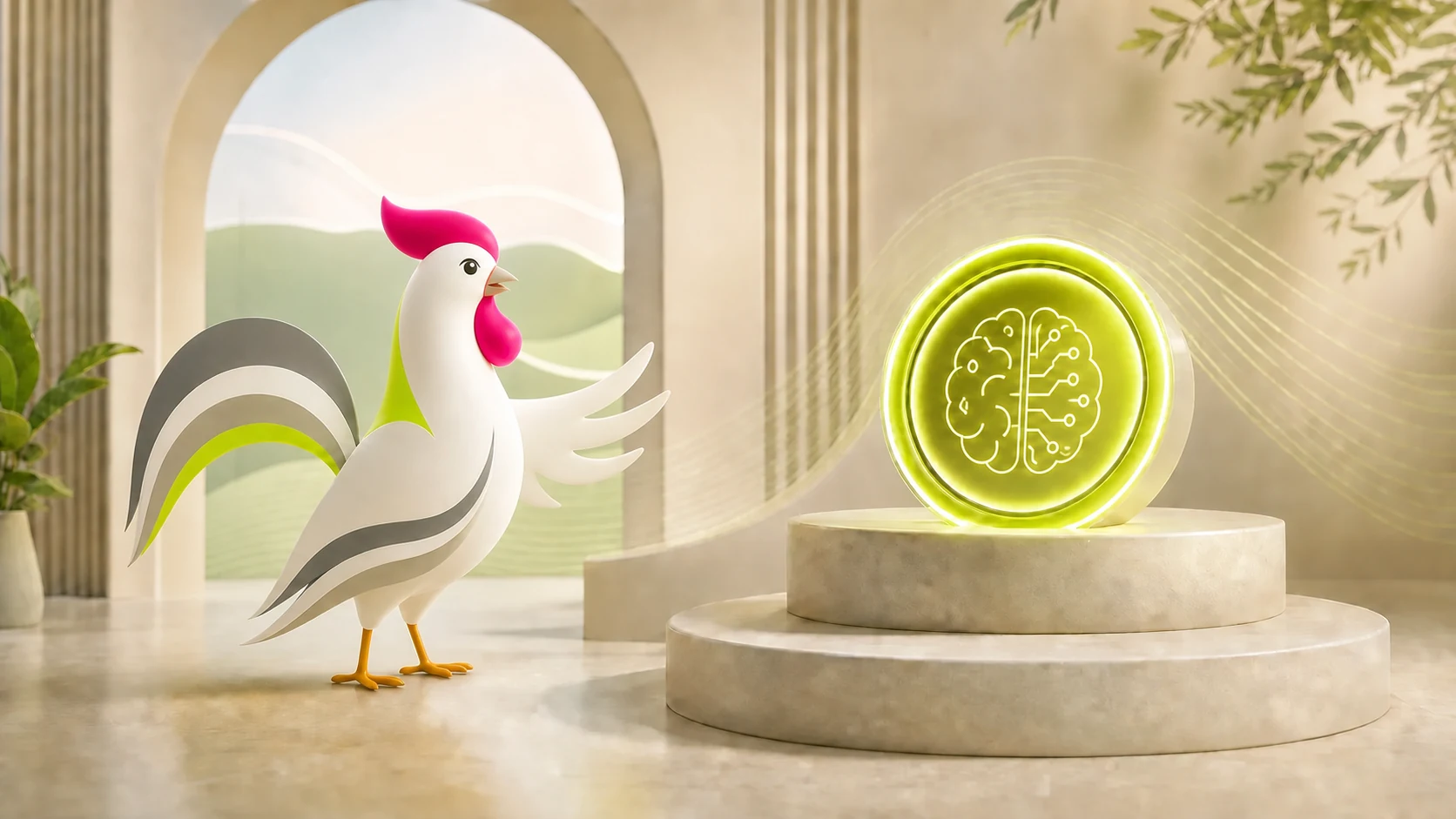 Mascotte Orakina invitant à lancer une démonstration depuis un bouton d'appel lumineux.