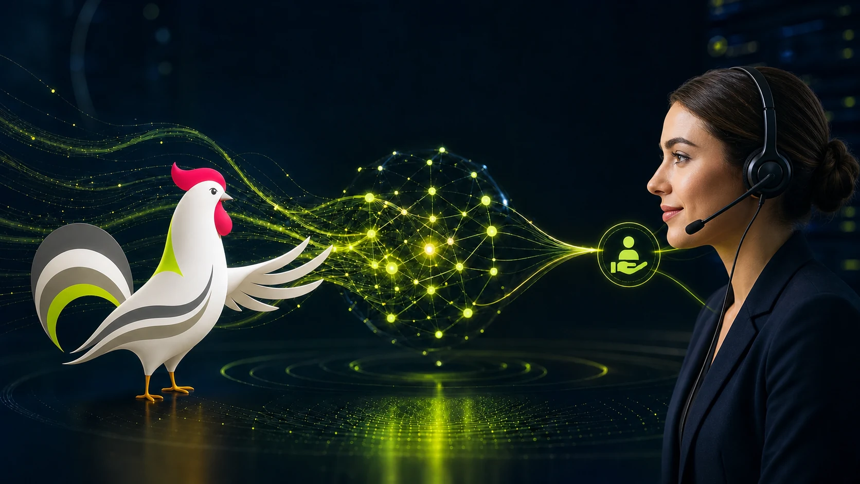 La mascotte coq Orakina accompagne l'analyse d'une demande et son transfert intelligent vers un humain.