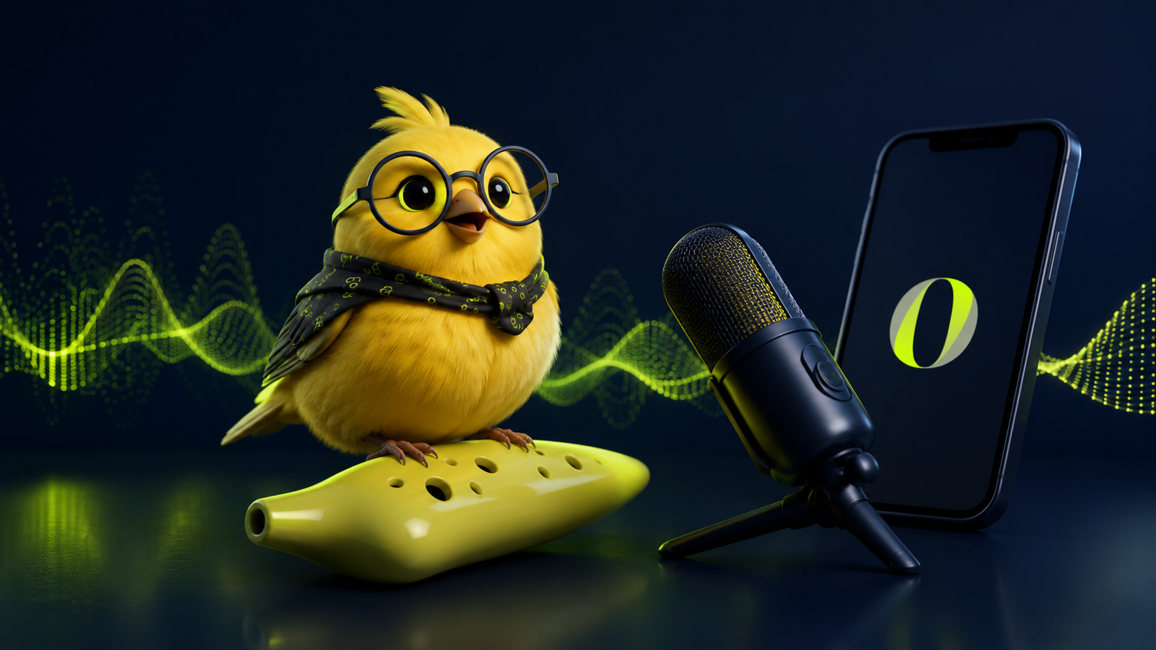 Mascotte Orakina devant un microphone et un smartphone, entourée d'ondes vocales lumineuses.