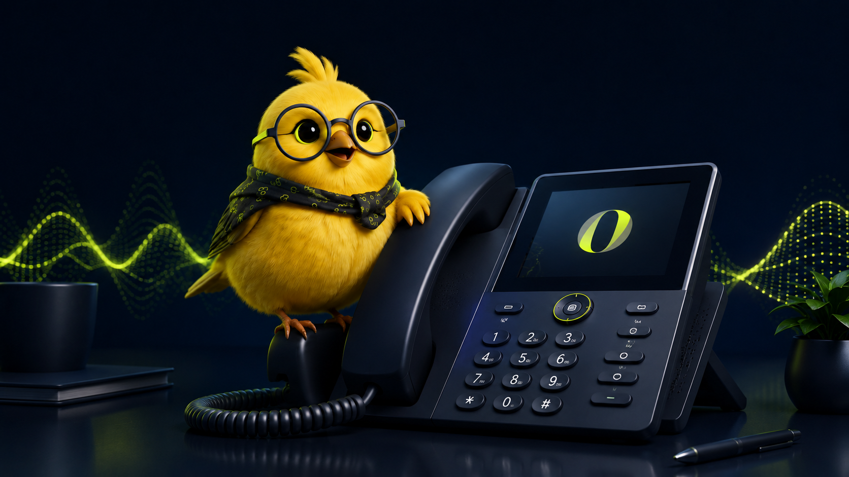 Mascotte Orakina à côté d'un téléphone professionnel, prête à répondre aux appels.