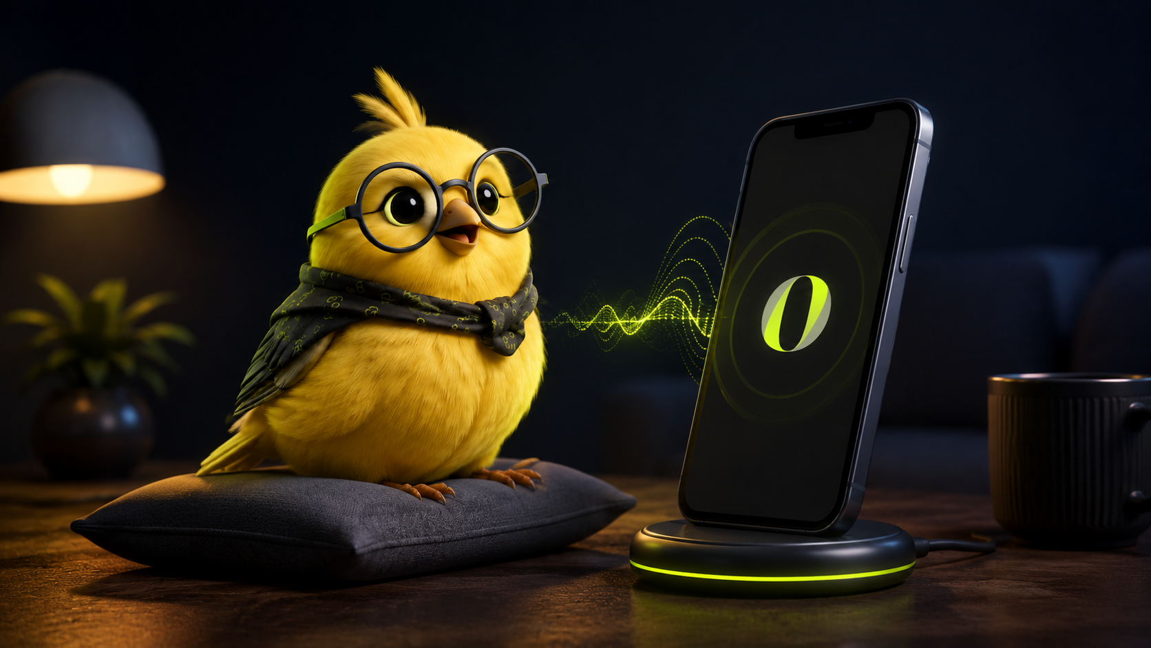 Mascotte Orakina conversant naturellement avec un agent vocal affiché sur smartphone.