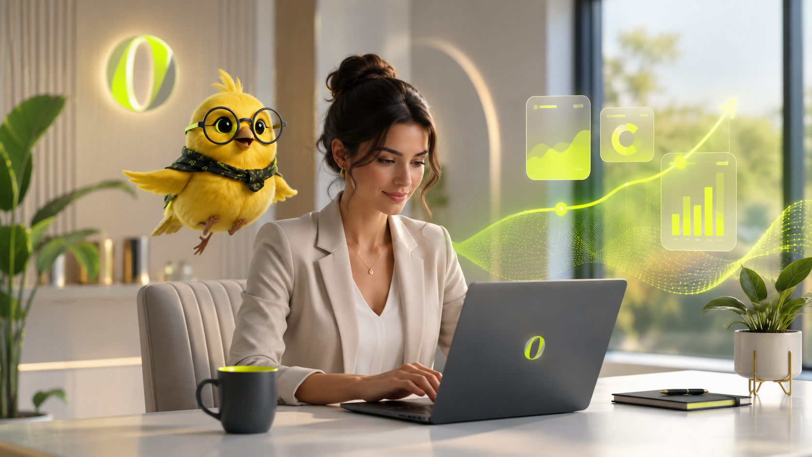 Professionnelle travaillant sereinement pendant qu'Orakina traite les appels et structure les données.
