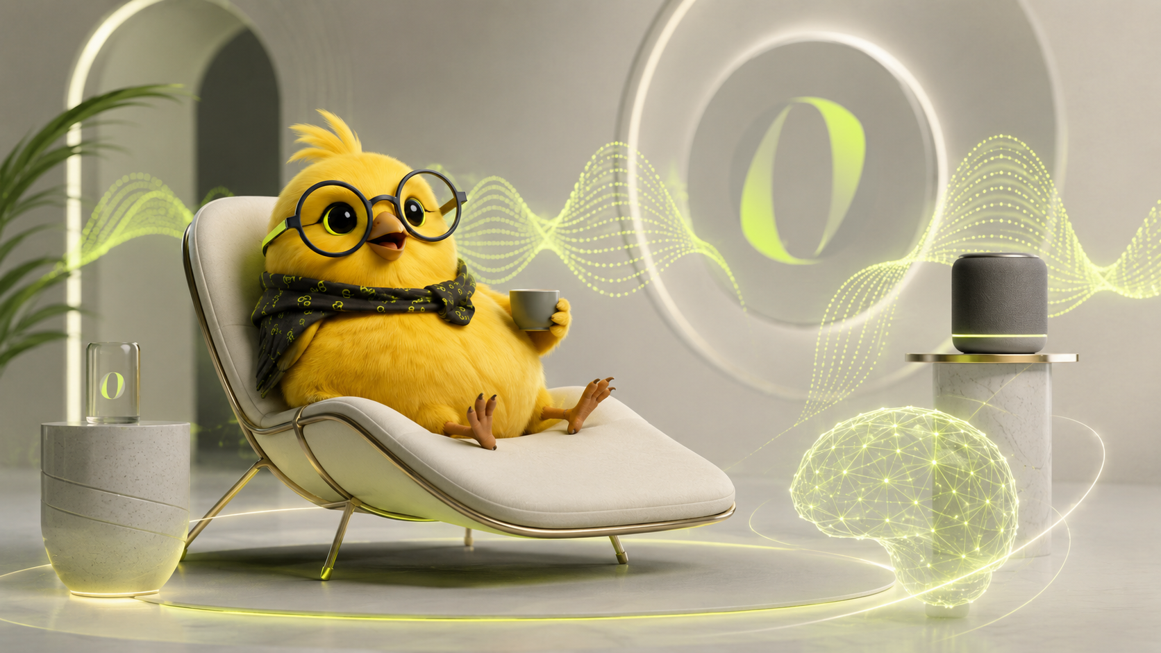 Mascotte Orakina dans un univers lumineux illustrant l'intelligence vocale.
