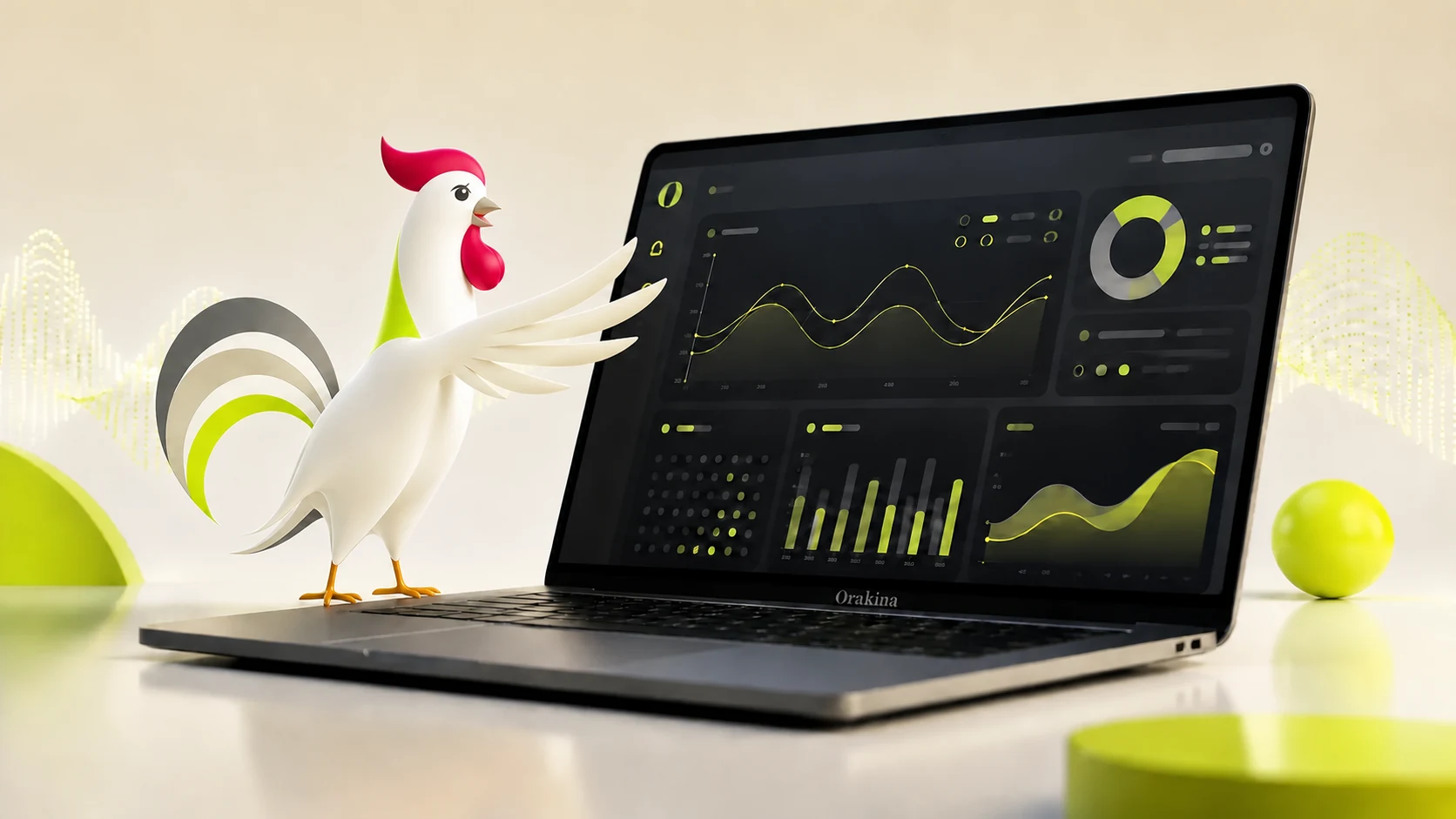 La mascotte coq Orakina présente le tableau de bord des appels, motifs, rendez-vous et actions.